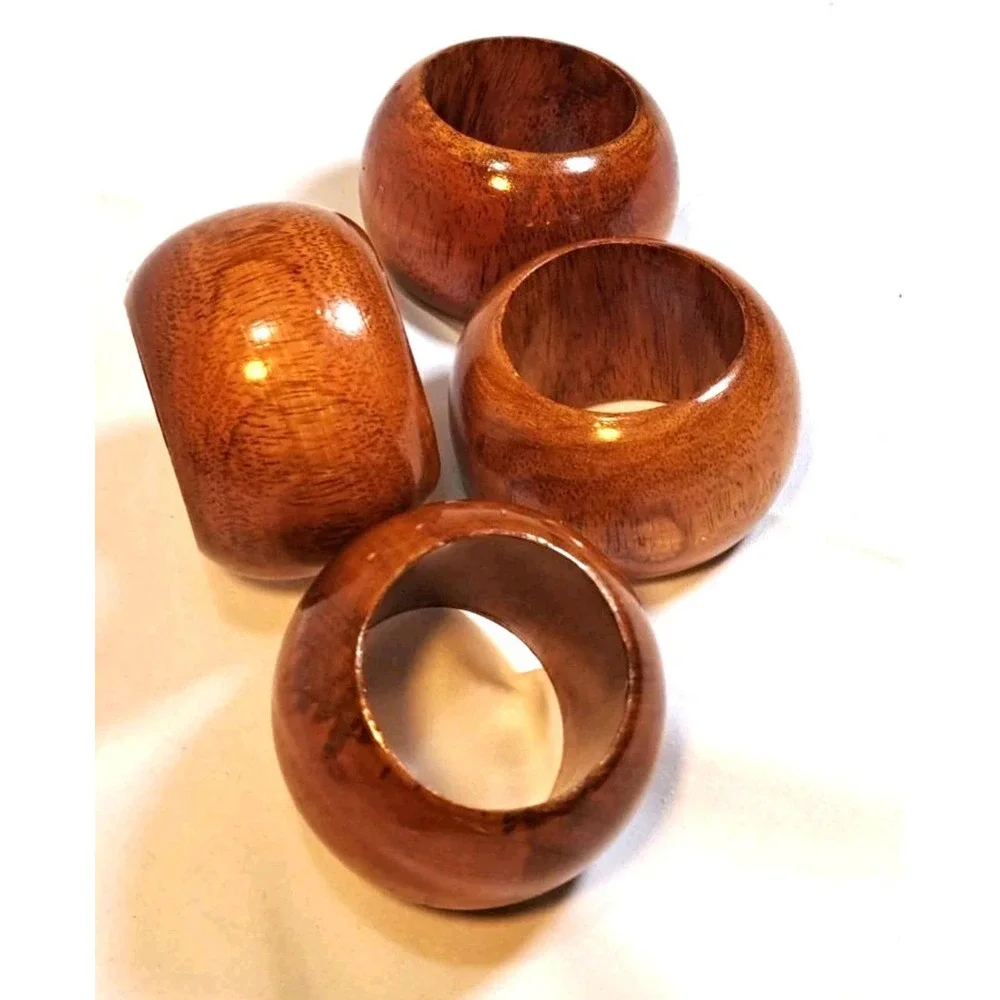 Vintage Mid Century Modern Polished Wood Napkin Rings Set of 4 Brown Round MCM